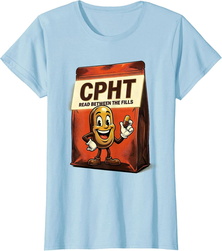 Women's CPhT Read Between The Fills Retro Advertising Pharmacy T-Shirt - Baby Blue