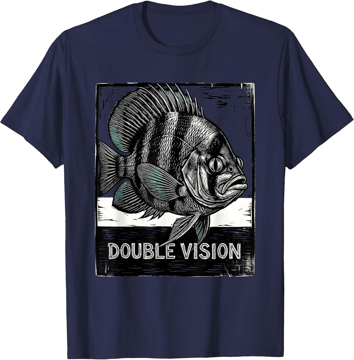 Double Vision Woodcut Engraving Shark Ocean Wildlife Humor T-Shirt - Navy Blue