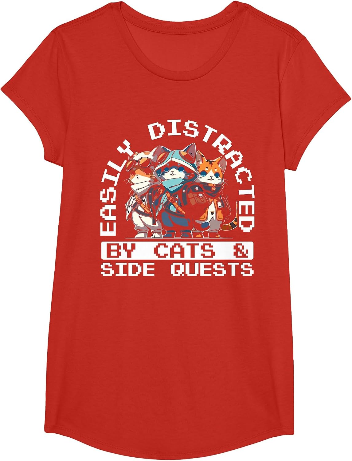 RPG Gamer Cats Distraction During Side Quest Nerdy T-Shirt - Girls Red