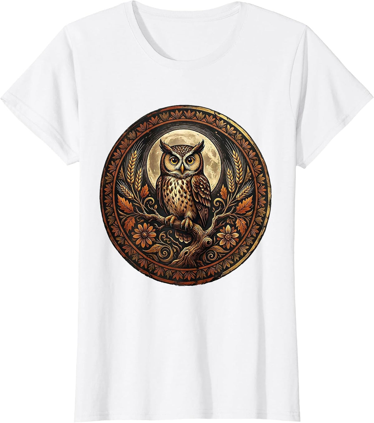 Women's Owl Harvest Moon Thanksgiving Graphic T-Shirt - White