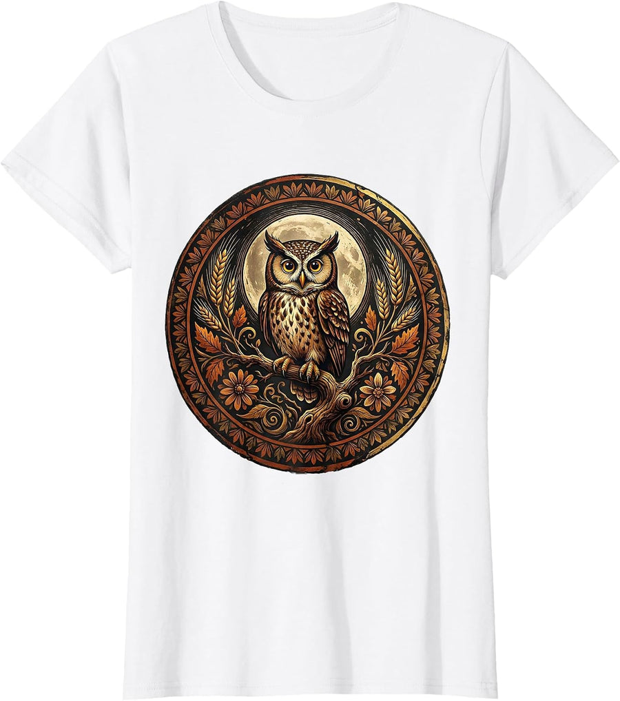 Women's Owl Harvest Moon Thanksgiving Graphic T-Shirt - White