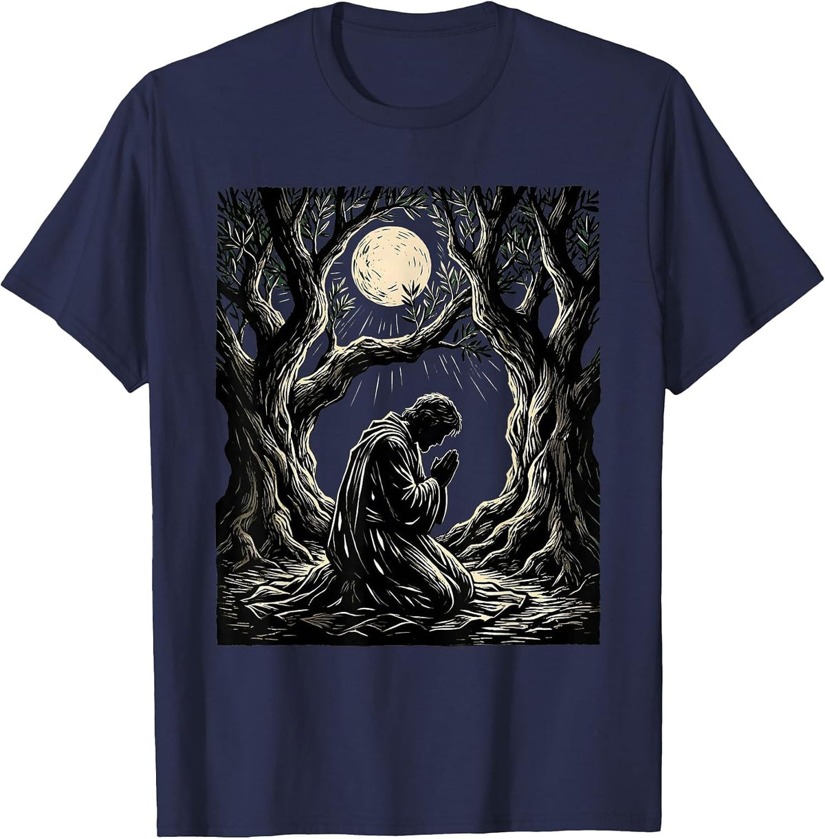 Jesus Kneeling in Gethsemane Moonlight Design T-Shirt - Navy Blue