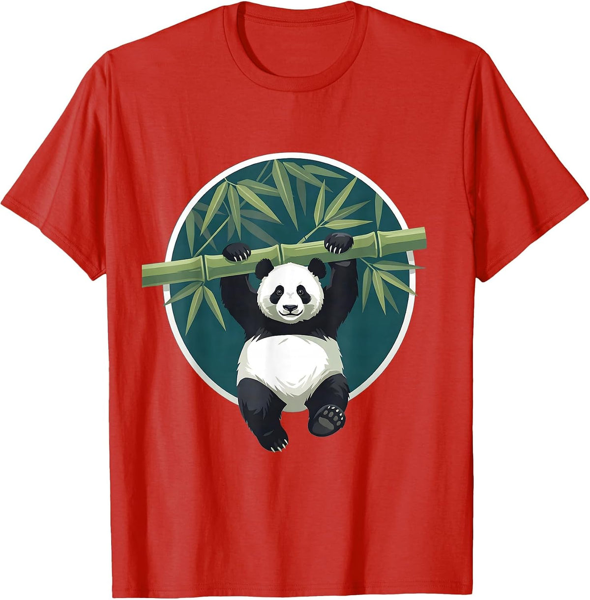 Men's Panda Hanging From Bamboo Branch Illustration T-Shirt - Red