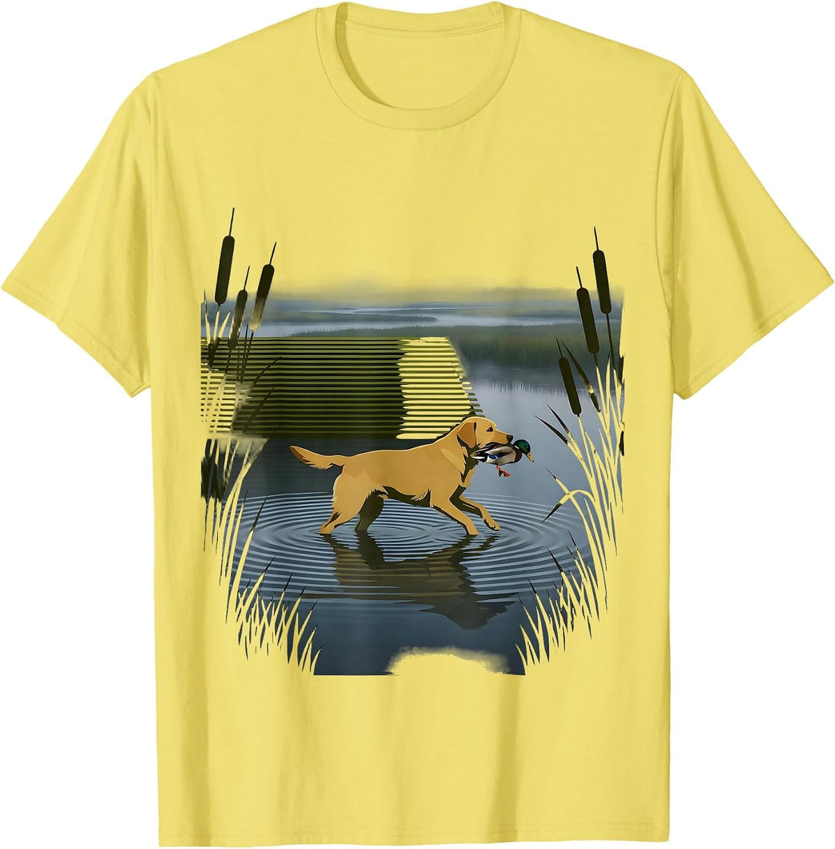 Men's Camo Duck Hunt Retriever Dog Graphic Tee T-Shirt - Lemon Yellow