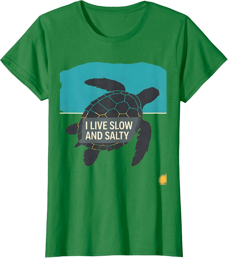 Women's I Live Slow And Salty Funny Sea Turtle Lover Beach Humor T-Shirt - Kelly Green