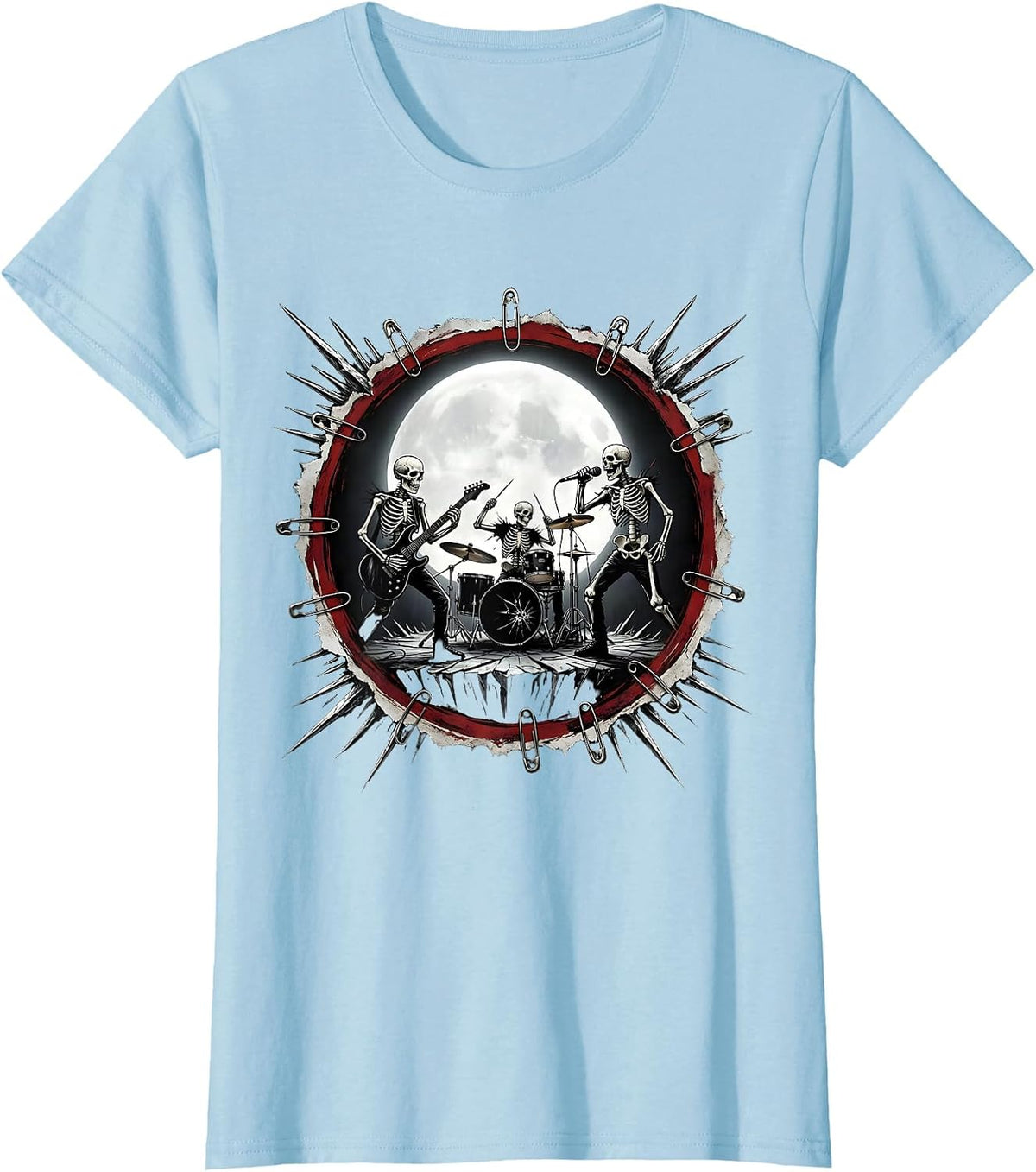 Skeleton Band Moonlit Stage Graphic Tee T-Shirt - Baby Blue