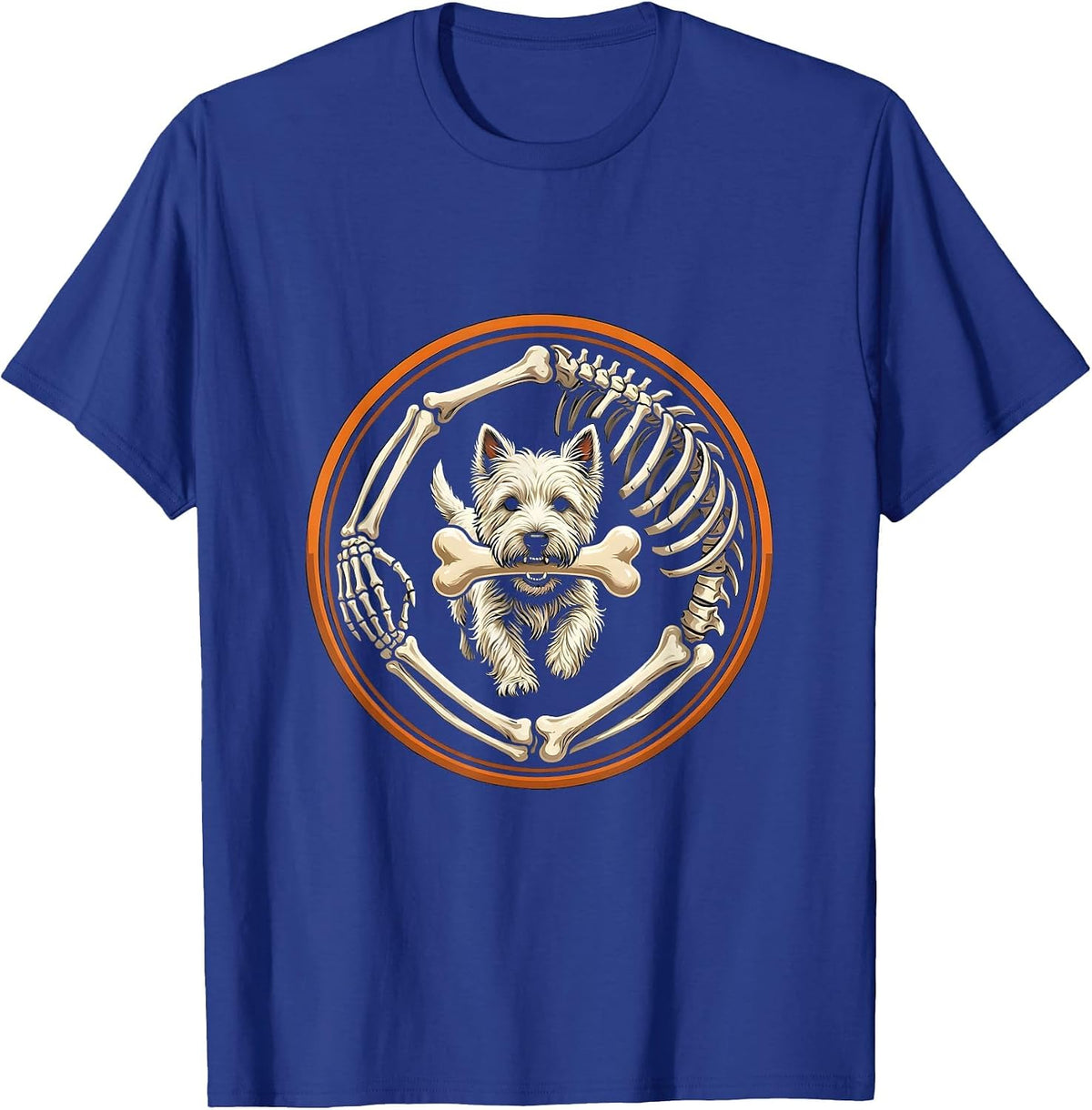 Men's Halloween Skeleton Chasing Westie Dog Breed Humor T-Shirt - Royal Blue