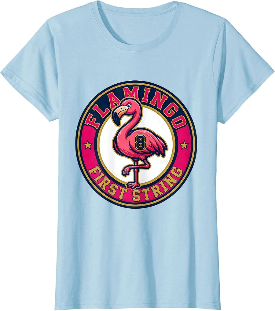 Women's Flamingo First String Sports Novelty Flamingo Lover Humor T-Shirt - Baby Blue