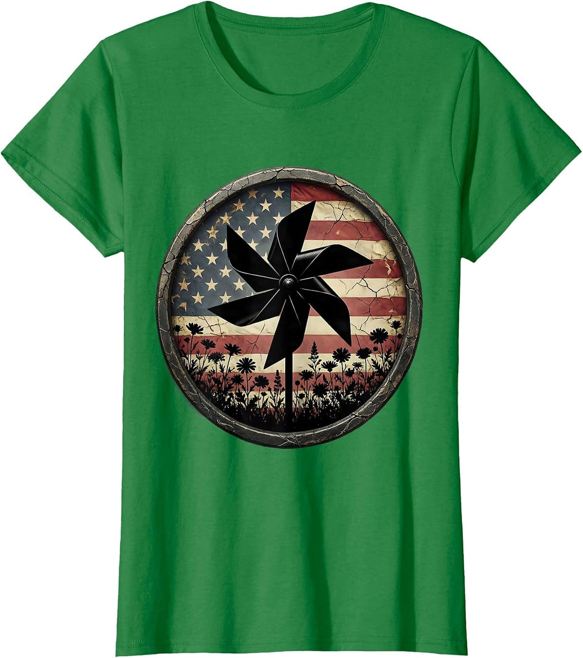 Red White and Blue Pinwheel Wildflower Field T-Shirt - Kelly Green