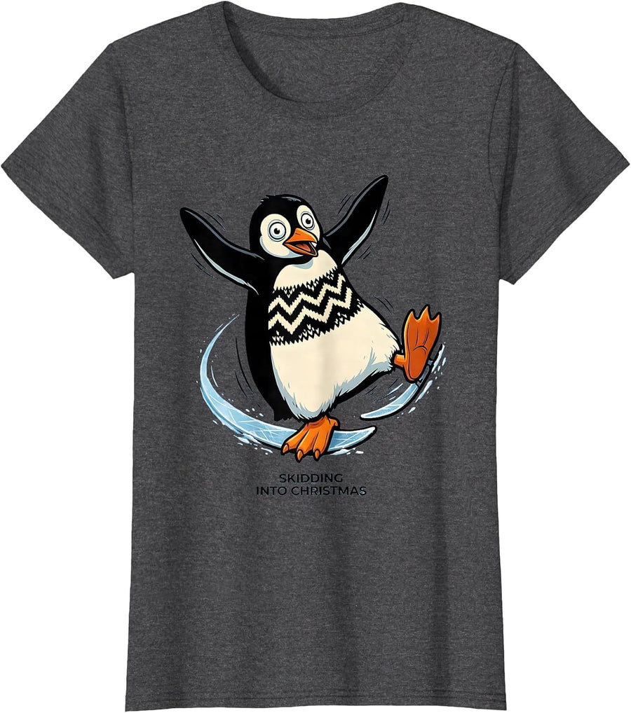Women's Skidding Into Christmas Funny Ugly Christmas Penguin Novelty T-Shirt - Dark Heather Grey