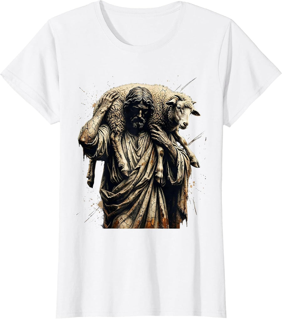 Women's Shepherd Carrying Lost Sheep Spiritual Faith Design T-Shirt - White
