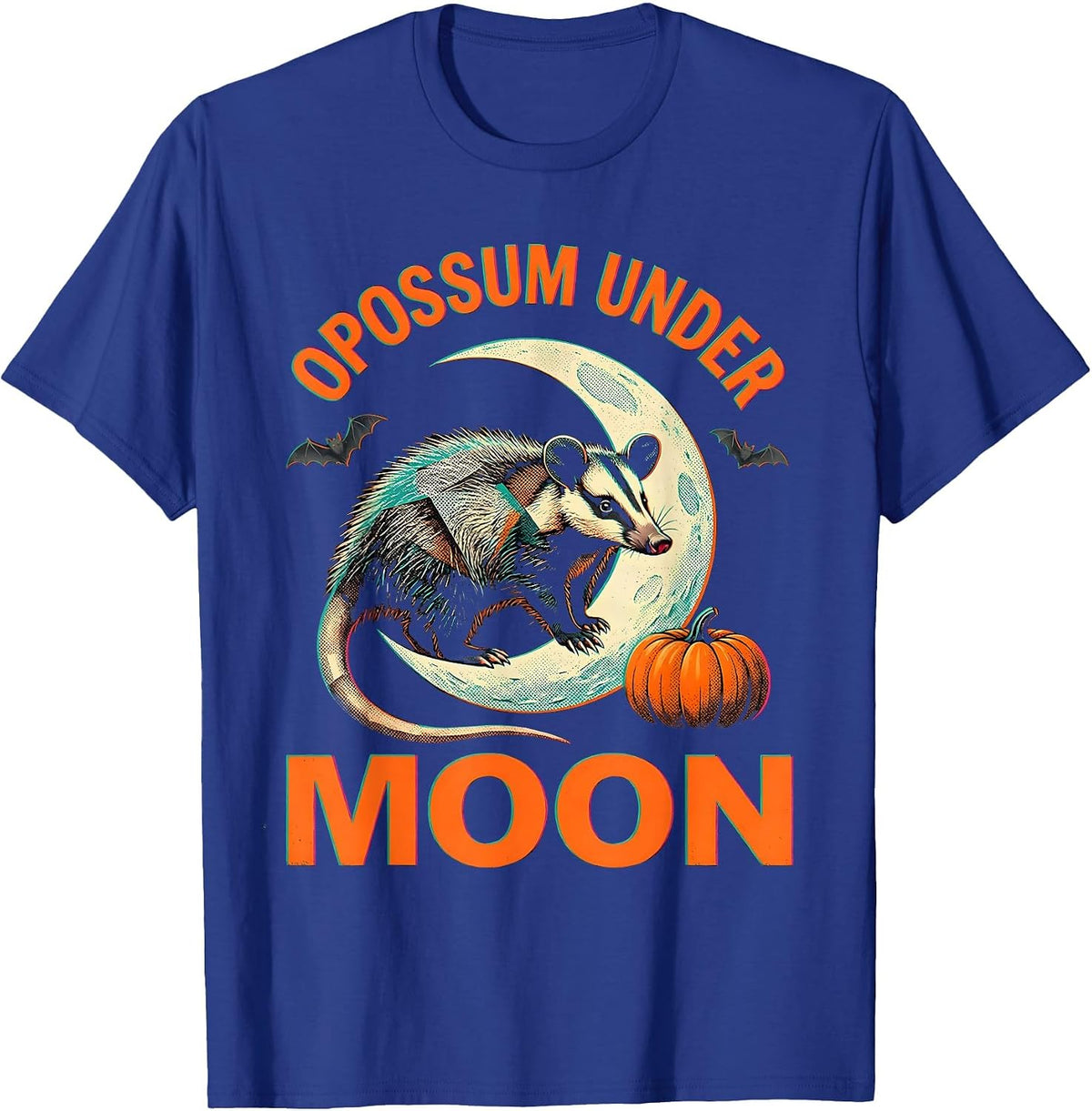 Opossum Under Moon Risograph Halloween Spooky Novelty T-Shirt - Royal Blue
