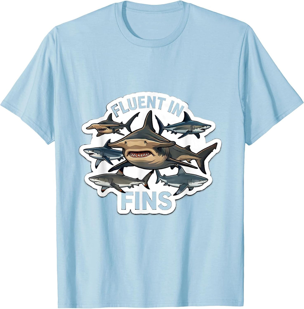 Men's Fluent In Fins Funny Shark Species Marine Biology Lover T-Shirt - Baby Blue
