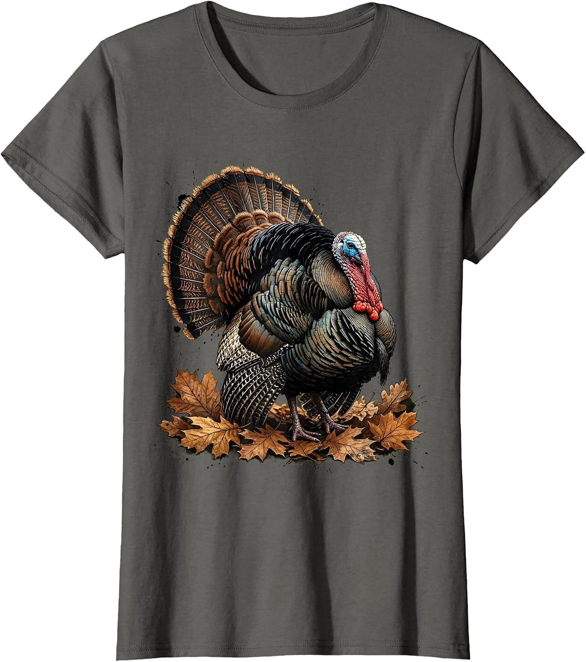 Women's Turkey Strutting Through Autumn Leaves Hunting T-Shirt - Asphalt Grey