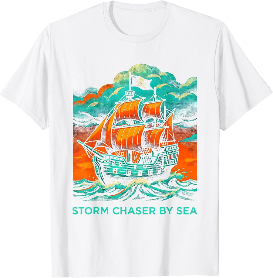 Men's Storm Chaser By Sea Pirate Adventure Design T-Shirt - White
