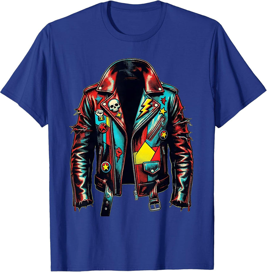 Torn Leather Jacket Pins and Patches Rock Art T-Shirt - Royal Blue