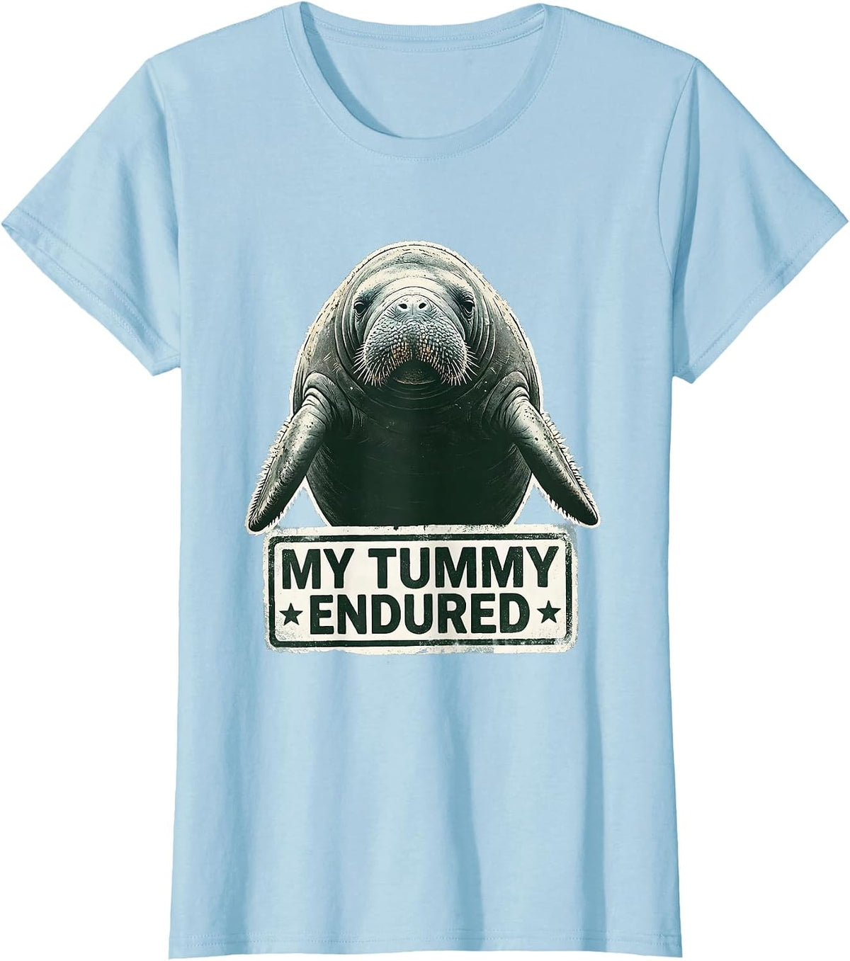 Women's My Tummy Endured Funny Tummy Ache Survivor Rubber Stamp Meme T-Shirt - Baby Blue