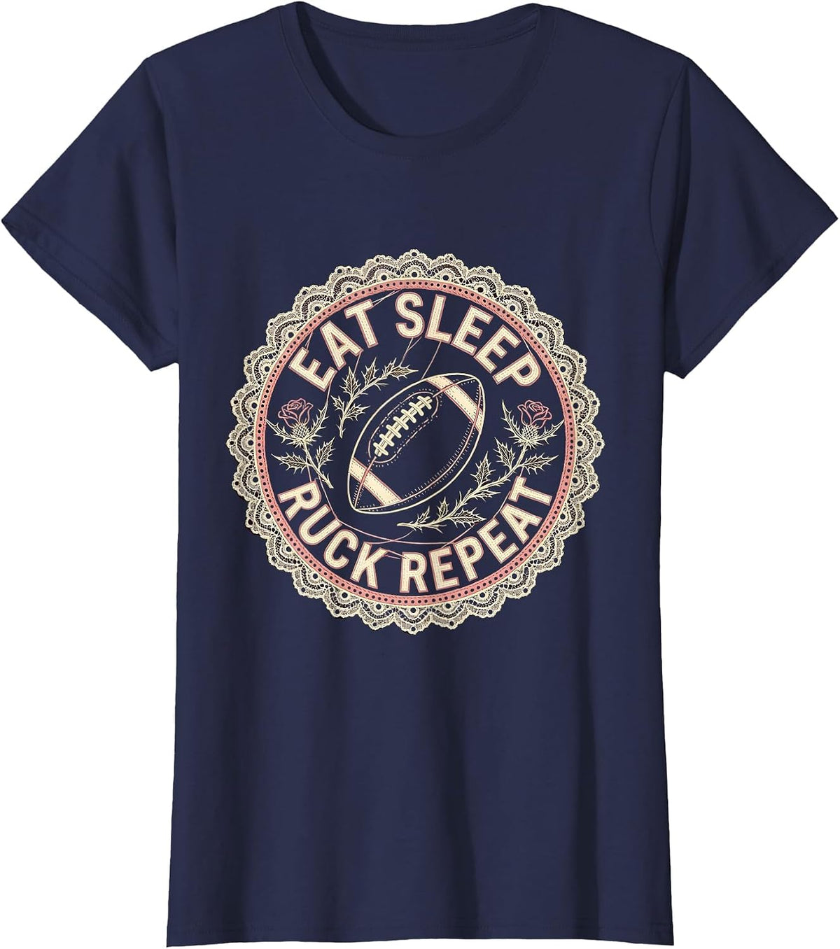 Women's Eat Sleep Ruck Repeat Rugby Graphic Design T-Shirt - Navy Blue