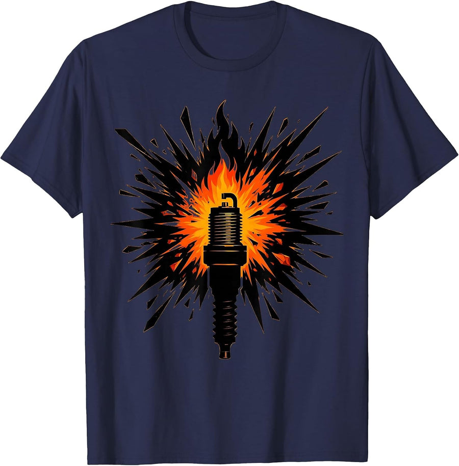 Spark Plug Explosion Mechanic Ignition Graphic T-Shirt - Navy Blue