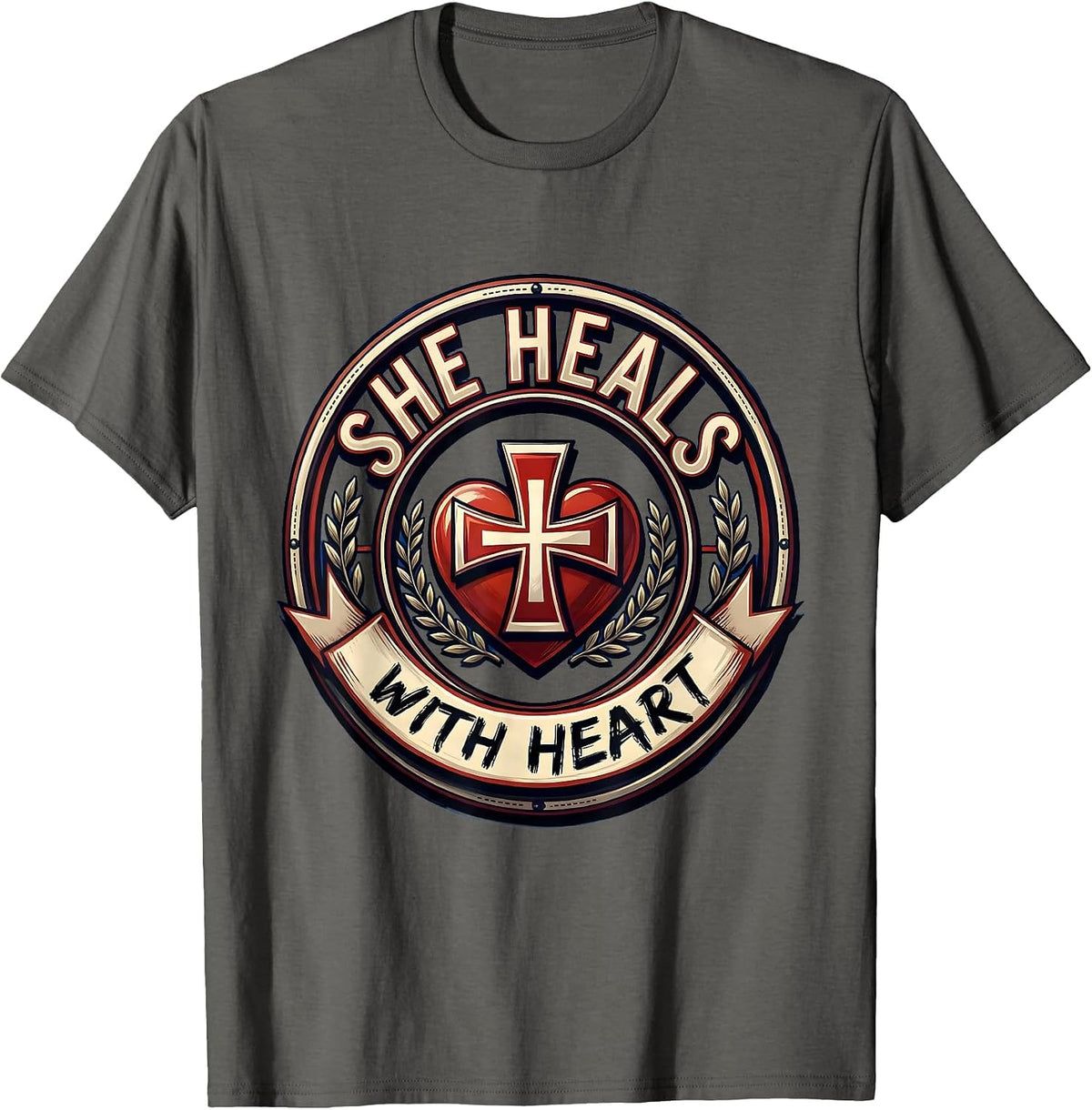 Men's She Heals With Heart Nurse Graphic Design T-Shirt - Asphalt Grey