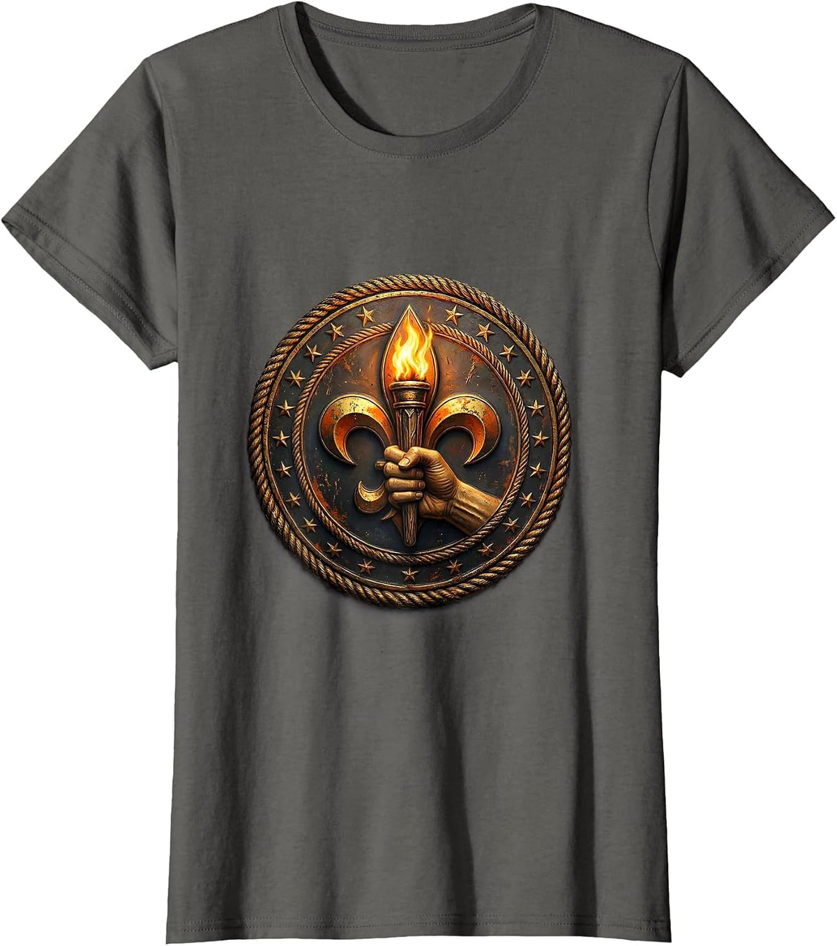 Women's Mardi Gras Fleur-de-Lis Flaming Torch Design T-Shirt - Asphalt Grey
