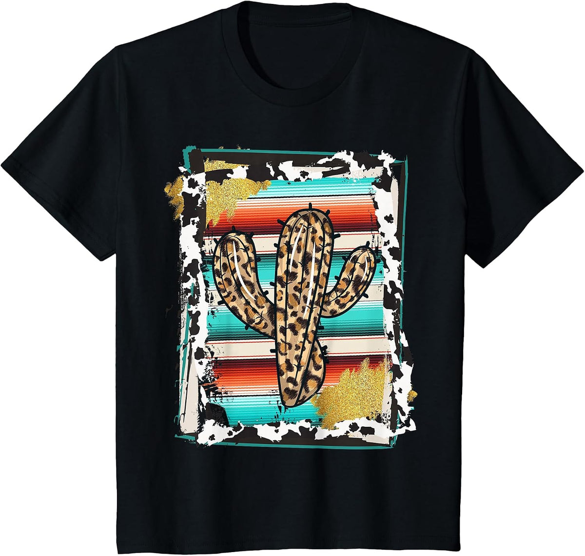 Serape Cactus - Leopard Cow Pattern Print Cowgirl Rodeo T-Shirt - Black