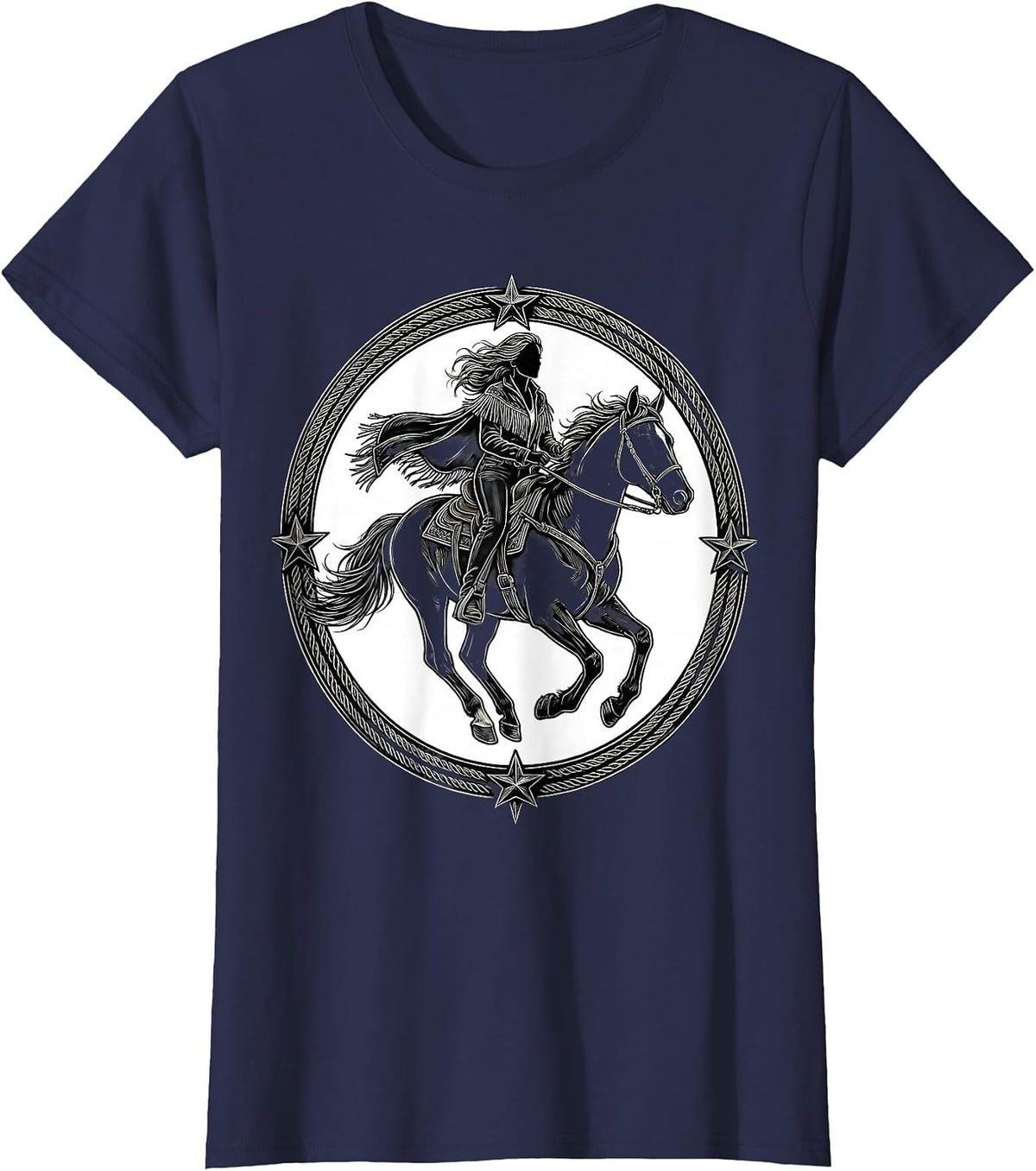 Women's Bareback Rider Fringe Jacket Rodeo Graphic T-Shirt - Navy Blue
