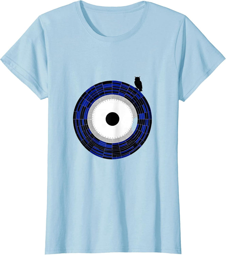 Women's Owl Orbit Starry Night Van Gogh Cat Lover Parody T-Shirt - Baby Blue