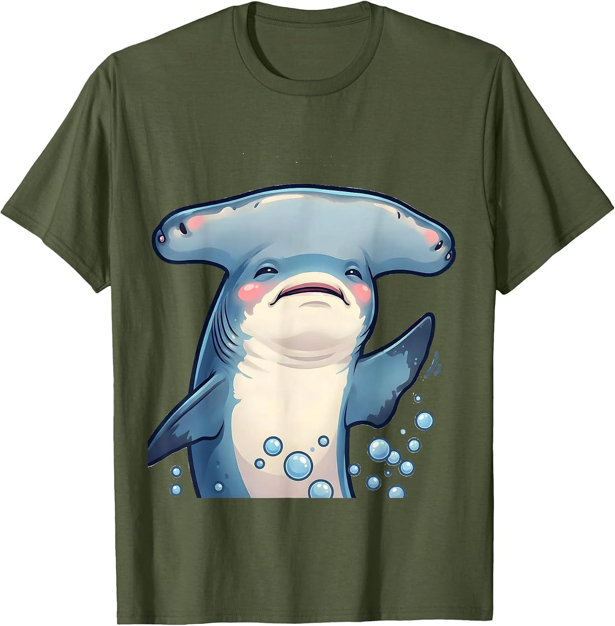 Rounded Hammerhead Shark Cute Kawaii Ocean Wildlife Lover T-Shirt - Olive Green