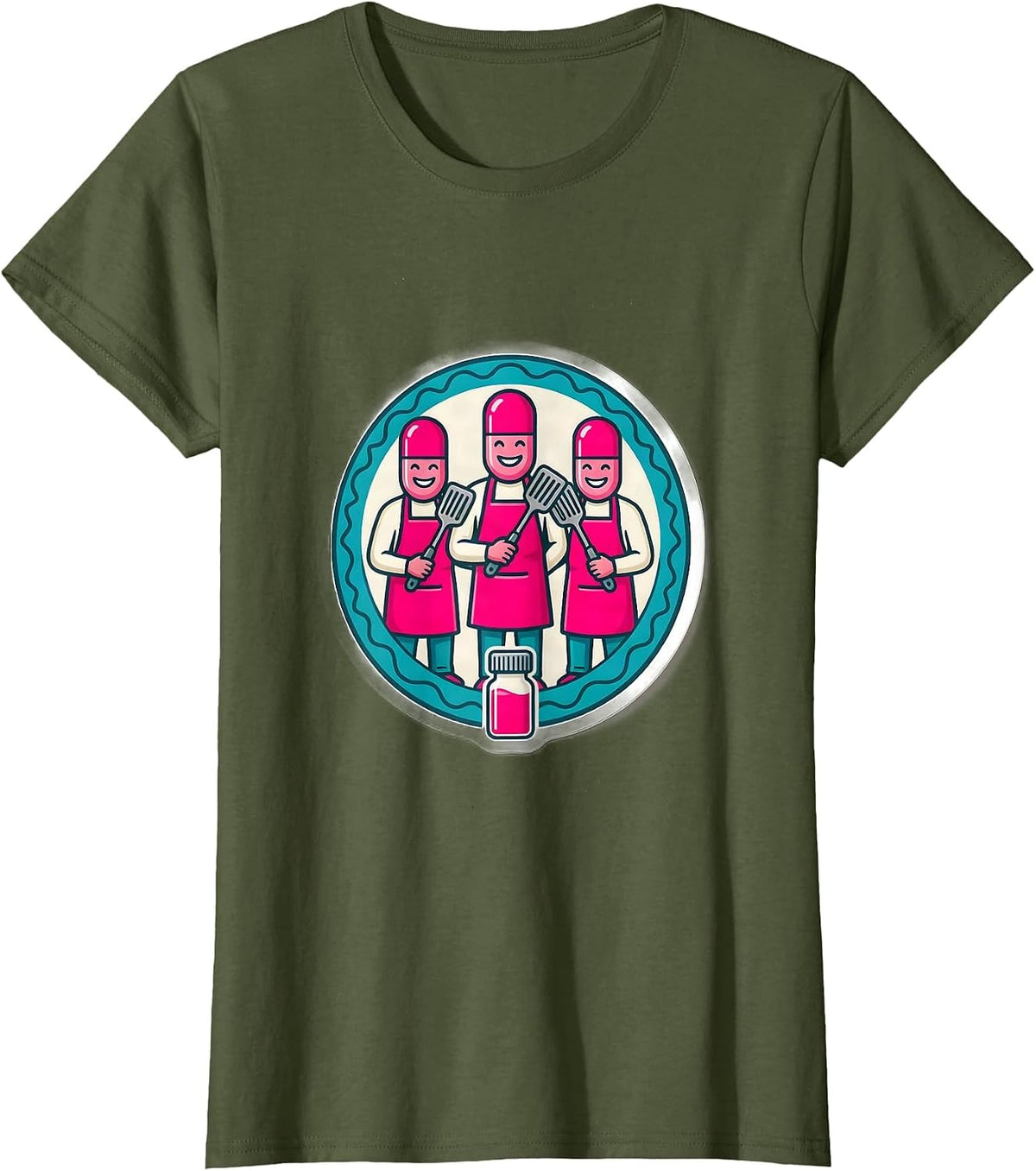 Women's Cute Pharmacy Tech Crew Capsule Figures Sticker Style T-Shirt - Olive Green