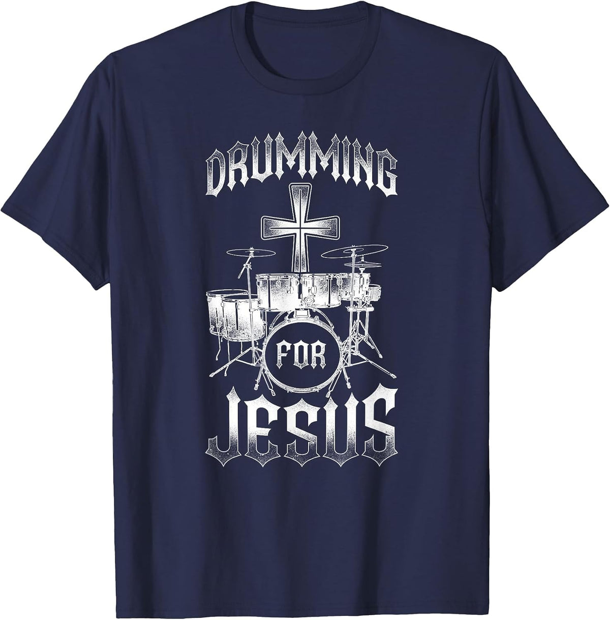 Drummer Drum Set Jesus Faith Cross Vintage Drumming for T-Shirt - Navy Blue