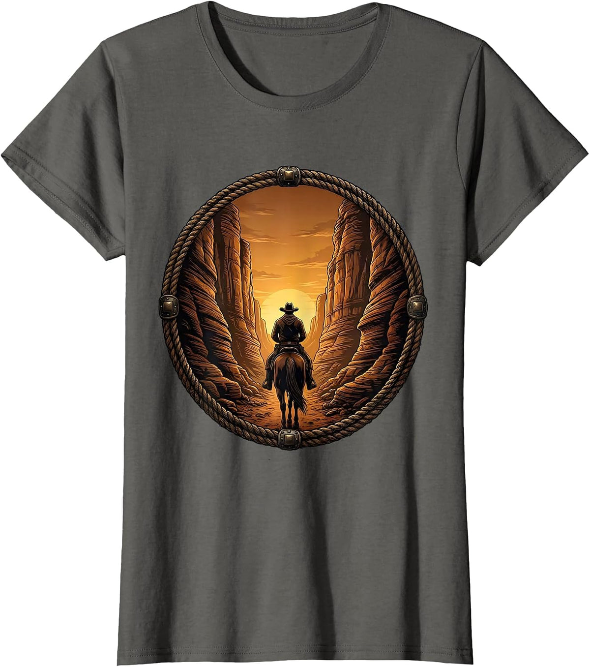 Women's Cowboy Riding Through Canyon Tunnel Western Art T-Shirt - Asphalt Grey