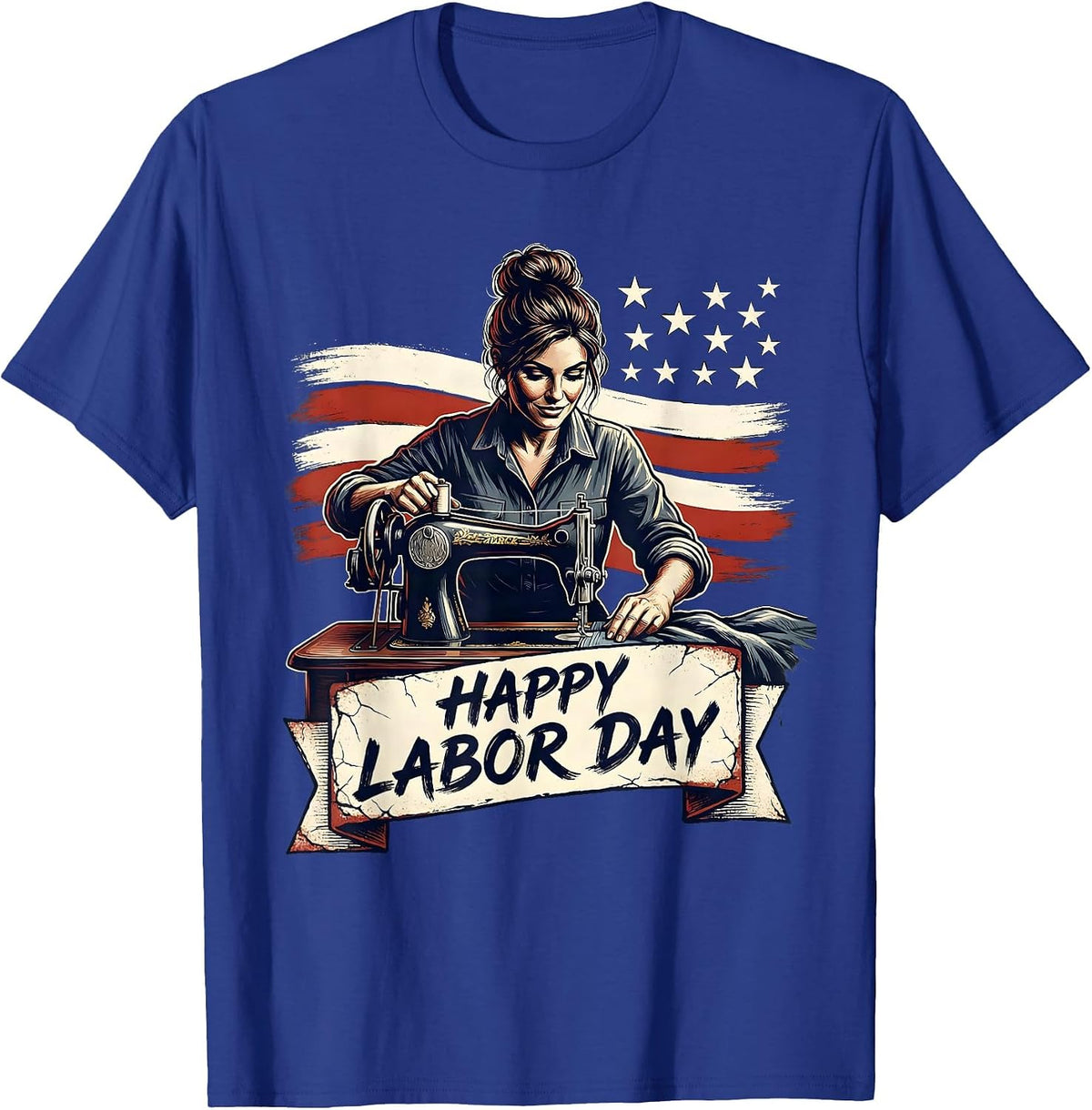 Men's Happy Labor Day Distressed Patriotic Woman Messy Bun Labor T-Shirt - Royal Blue