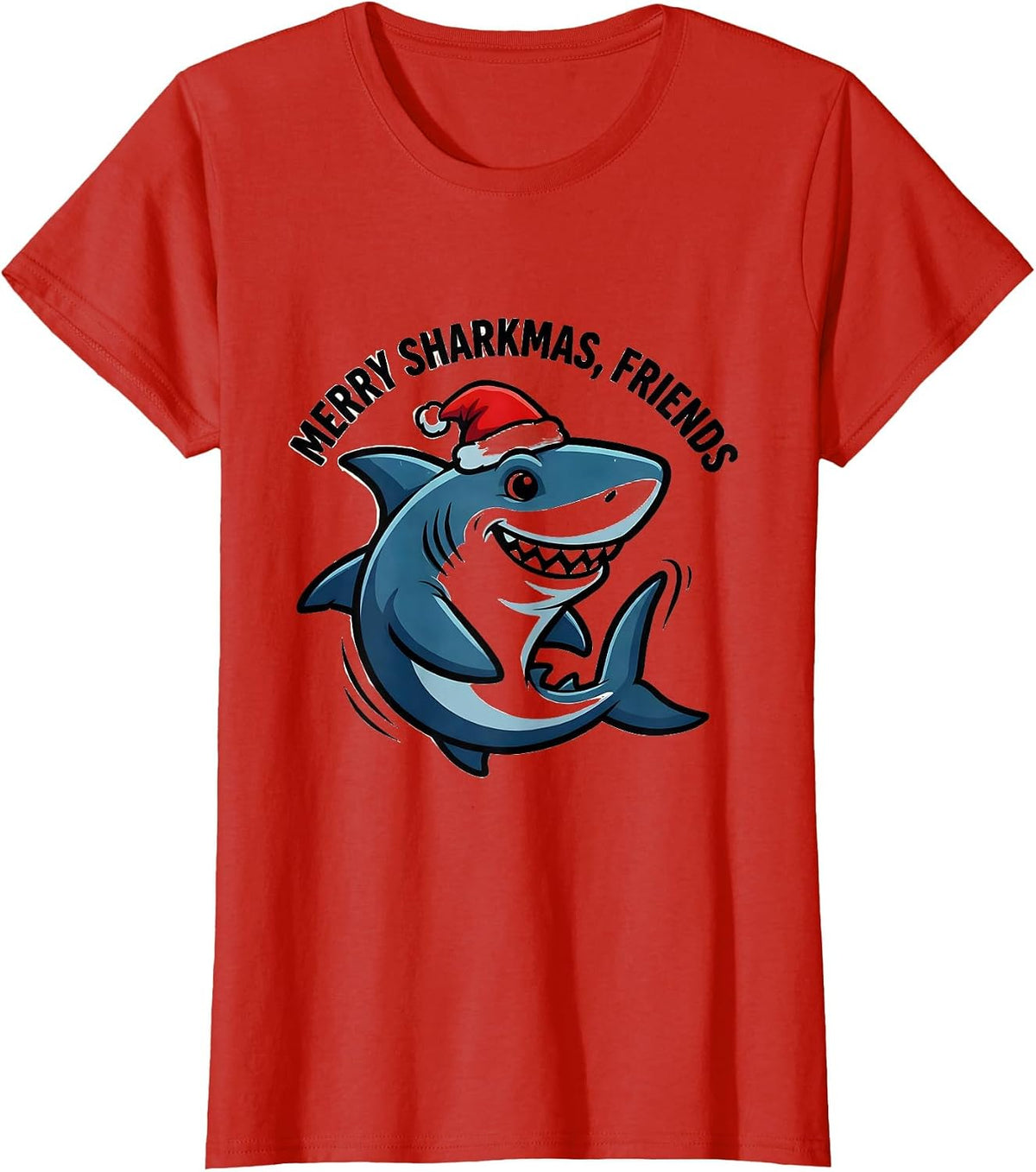 Women's Merry Sharkmas Friends Cartoon Shark Lover Christmas Humor T-Shirt - Red