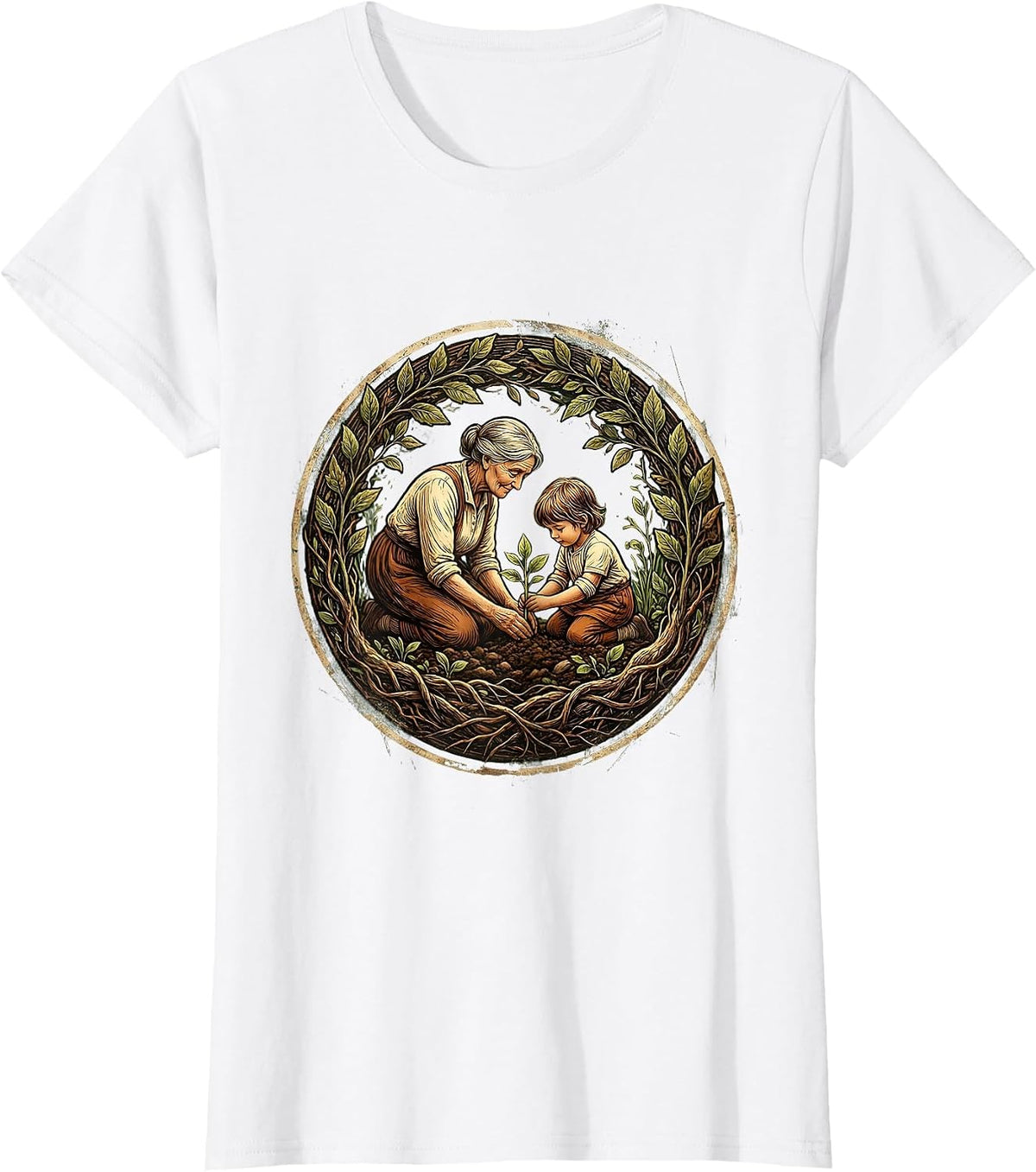 Nana Gardening With Grandchild Illustration T-Shirt - White