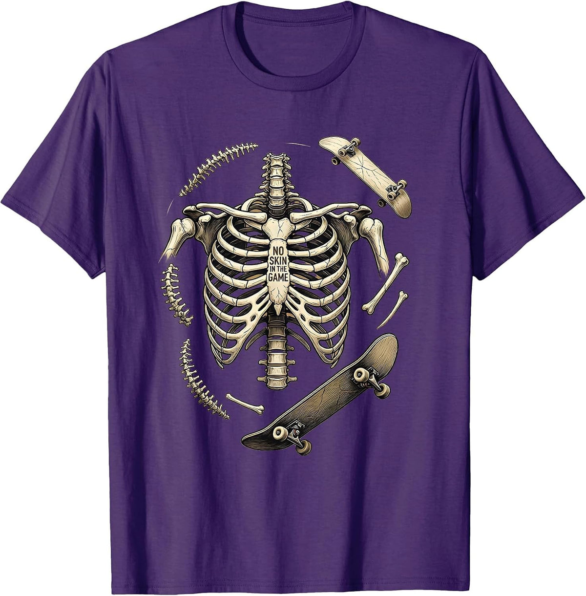 Skeleton Skateboarding No Skin In The Game T-Shirt - Purple