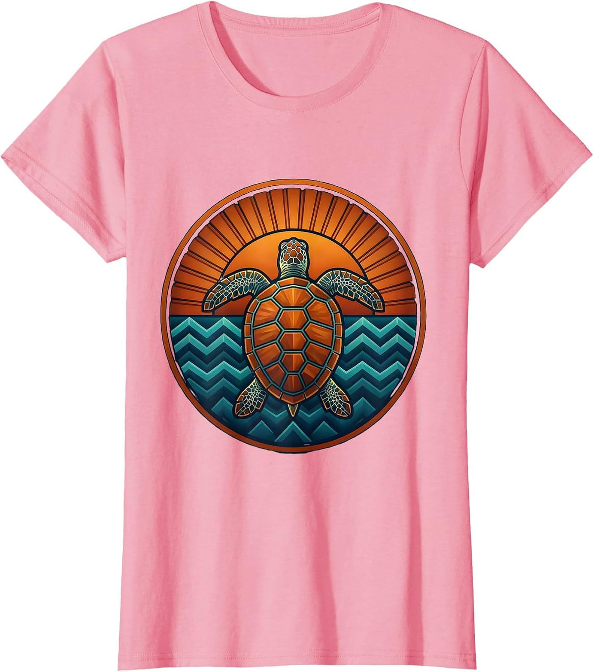 Women's Turtle Floating on Calm Ocean at Sunset T-Shirt - Pink
