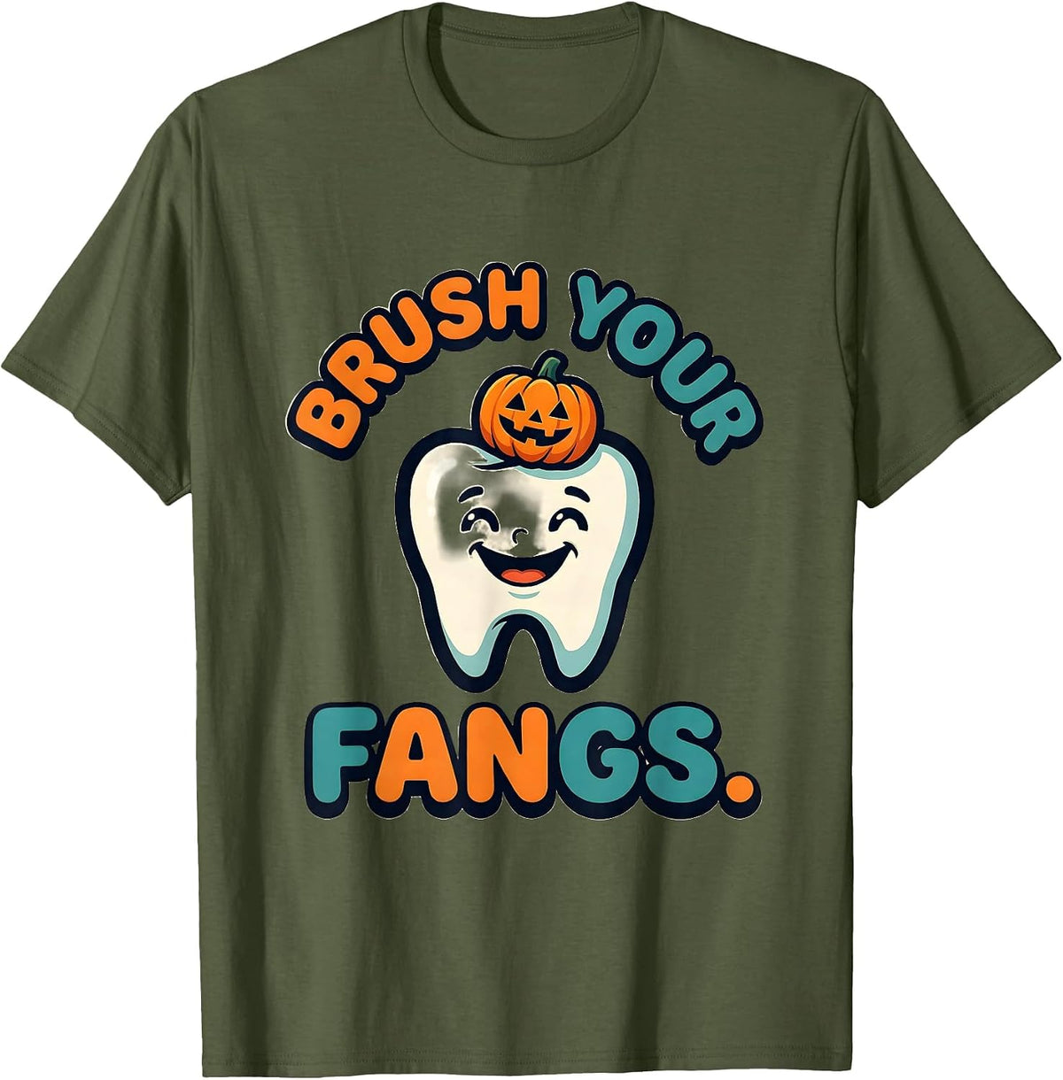 Brush Your Fangs Cartoon Halloween Dentist Dental Hygienist T-Shirt - Olive Green