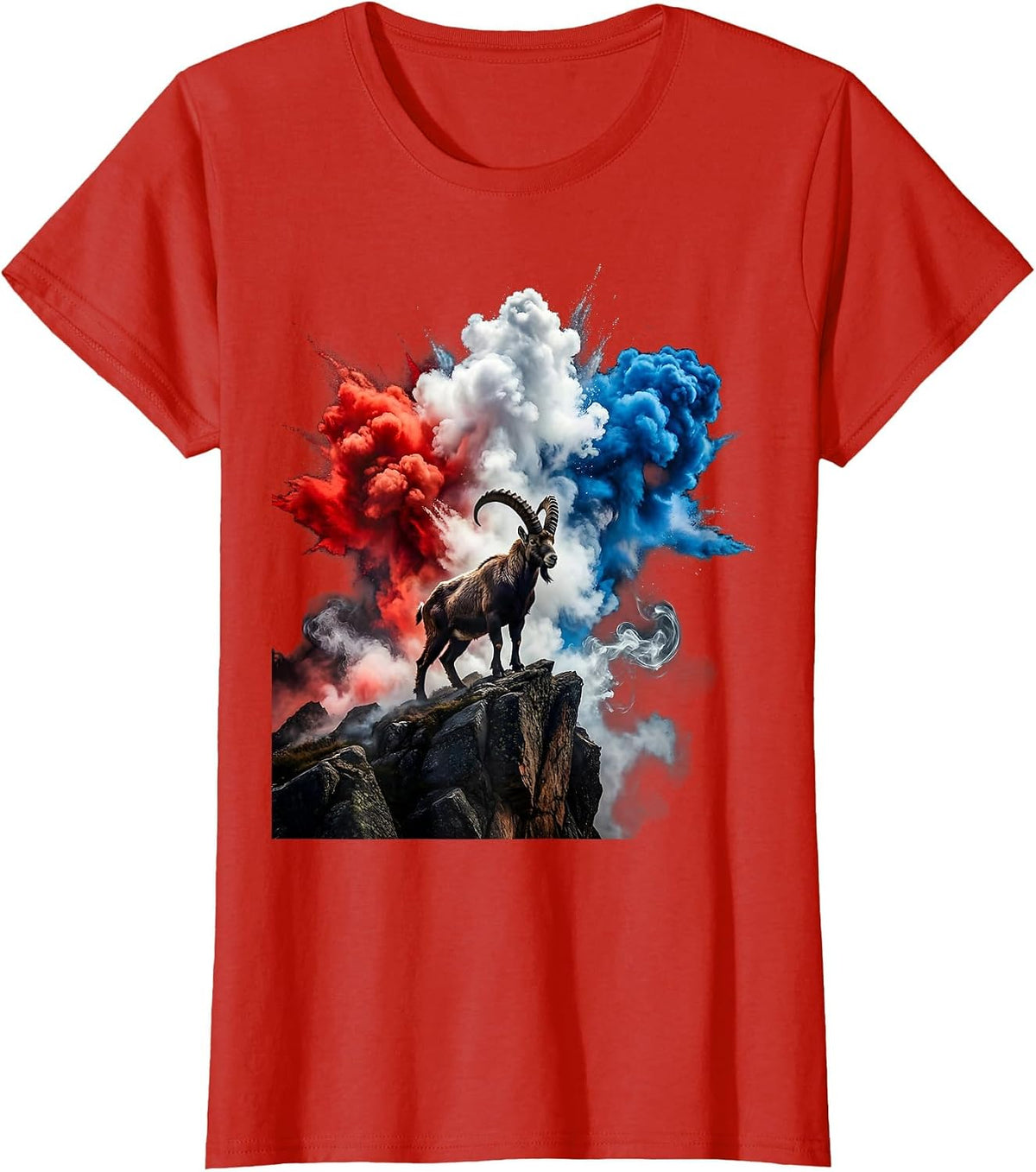 Red White and Blue Mountain Goat Rocky Cliff T-Shirt - Red