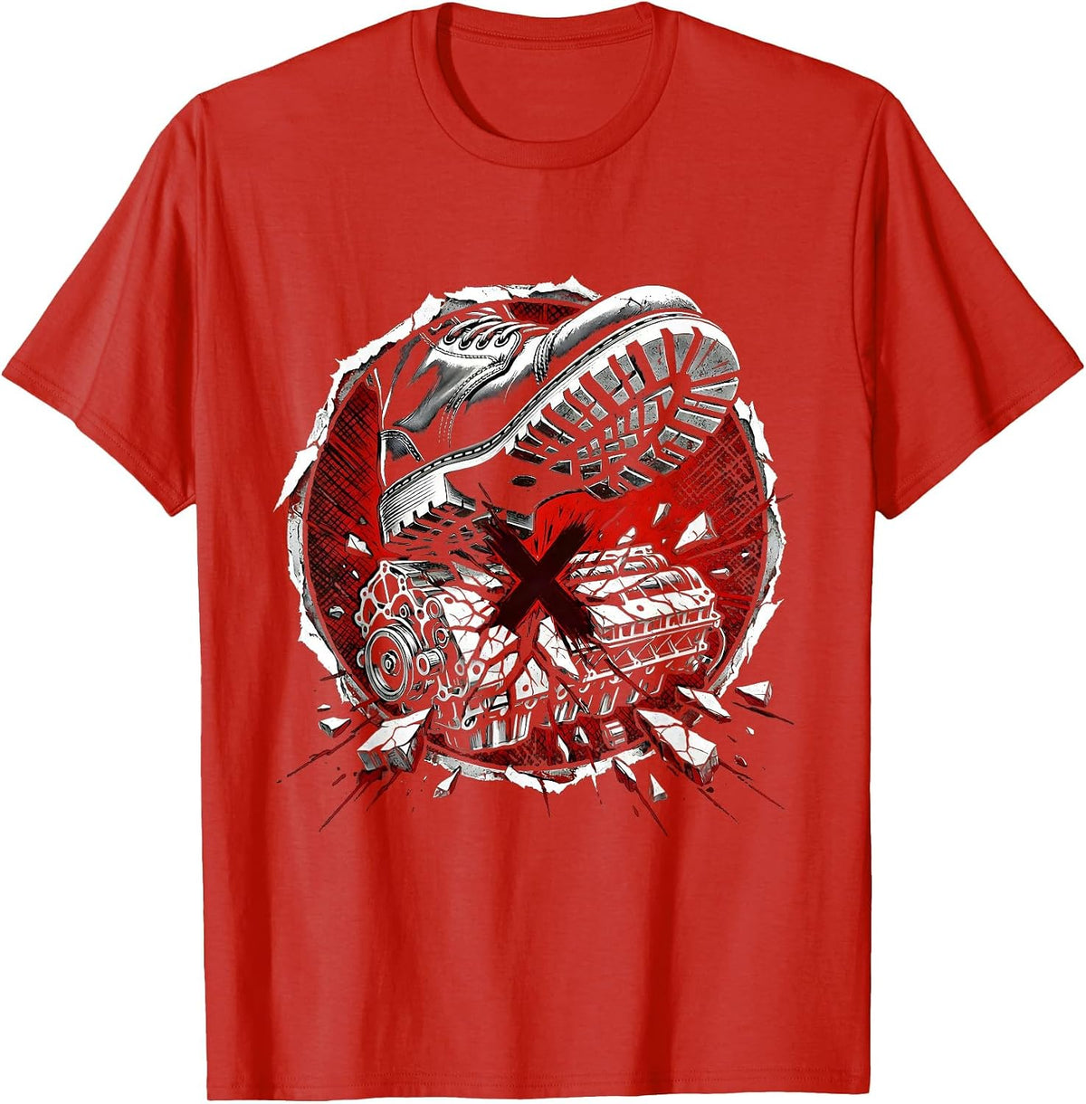 Men's Mechanic Boot Stomping Cracked Engine Block T-Shirt - Red