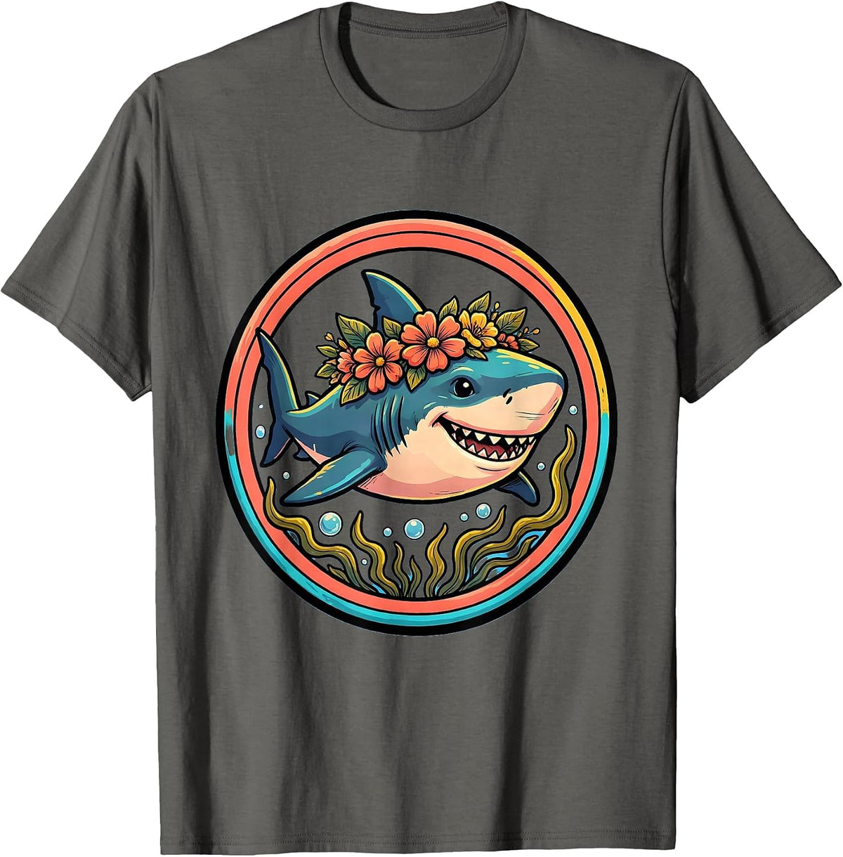 Mommy Shark Flower Crown Underwater Art T-Shirt - Asphalt Grey