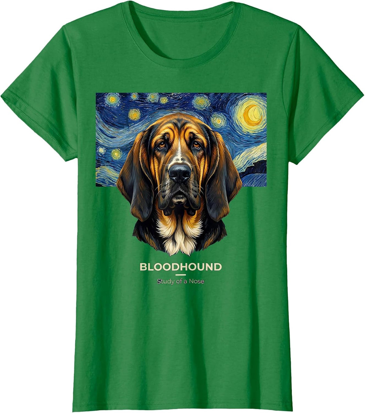 Women's Bloodhound Study of a Nose Whimsical Art Homage Pet Portrait T-Shirt - Kelly Green