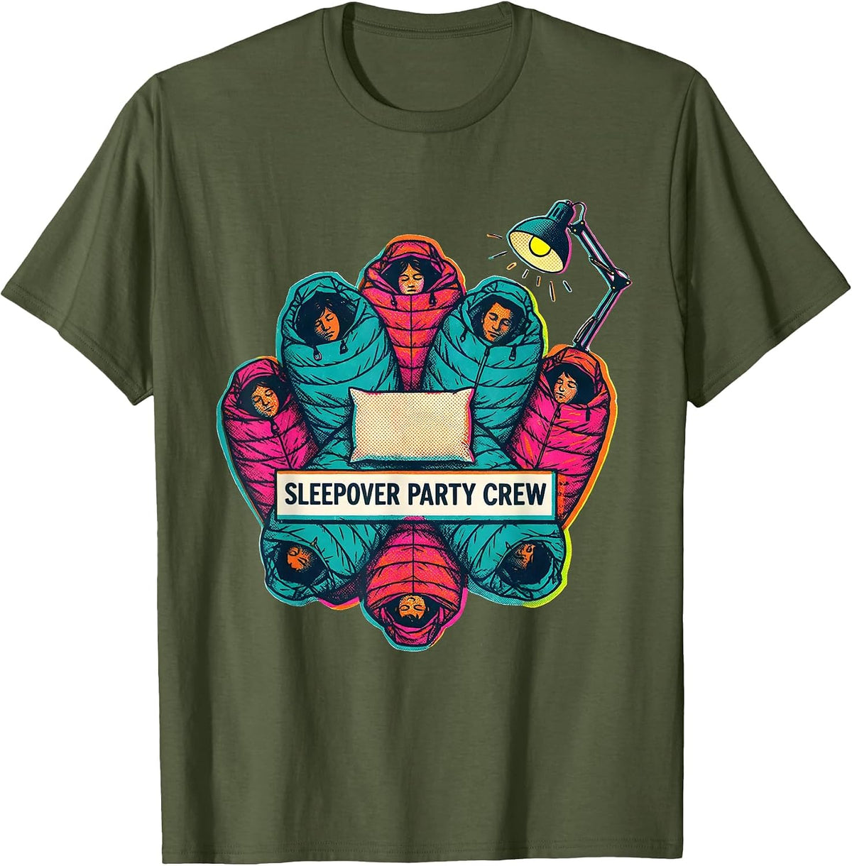 Men's Sleepover Party Crew Risograph Matching Group Slumber Party T-Shirt - Olive Green