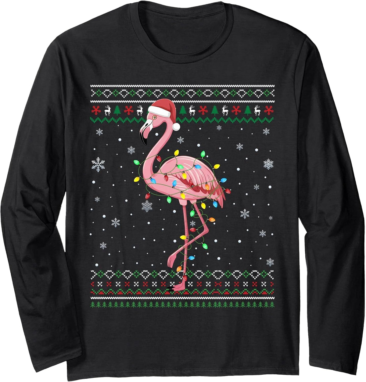 Flamingo Bird Lover Funny Xmas Santa Ugly Christmas Lights Long Sleeve T-Shirt - Adult Unisex Black