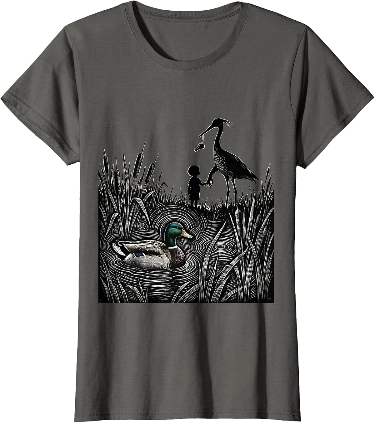 Women's Duck Hunting Mallard Family Silhouette Scratchboard Camo T-Shirt - Asphalt Grey