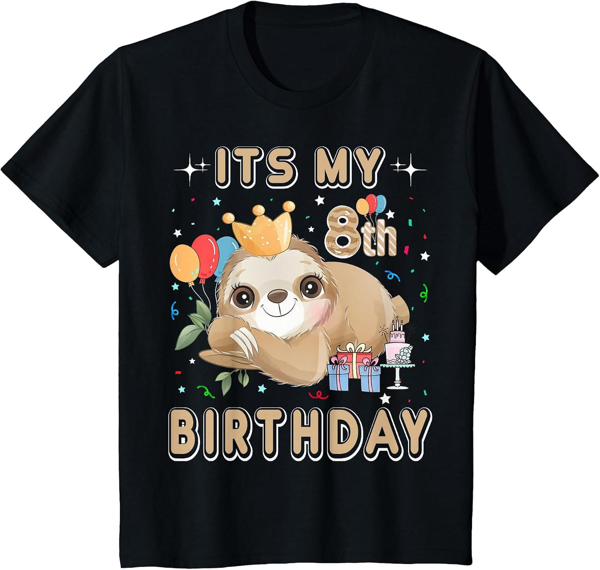 Its My 8th Birthday for Girls Sloth Birthday Costumes Outfit T-Shirt - Black