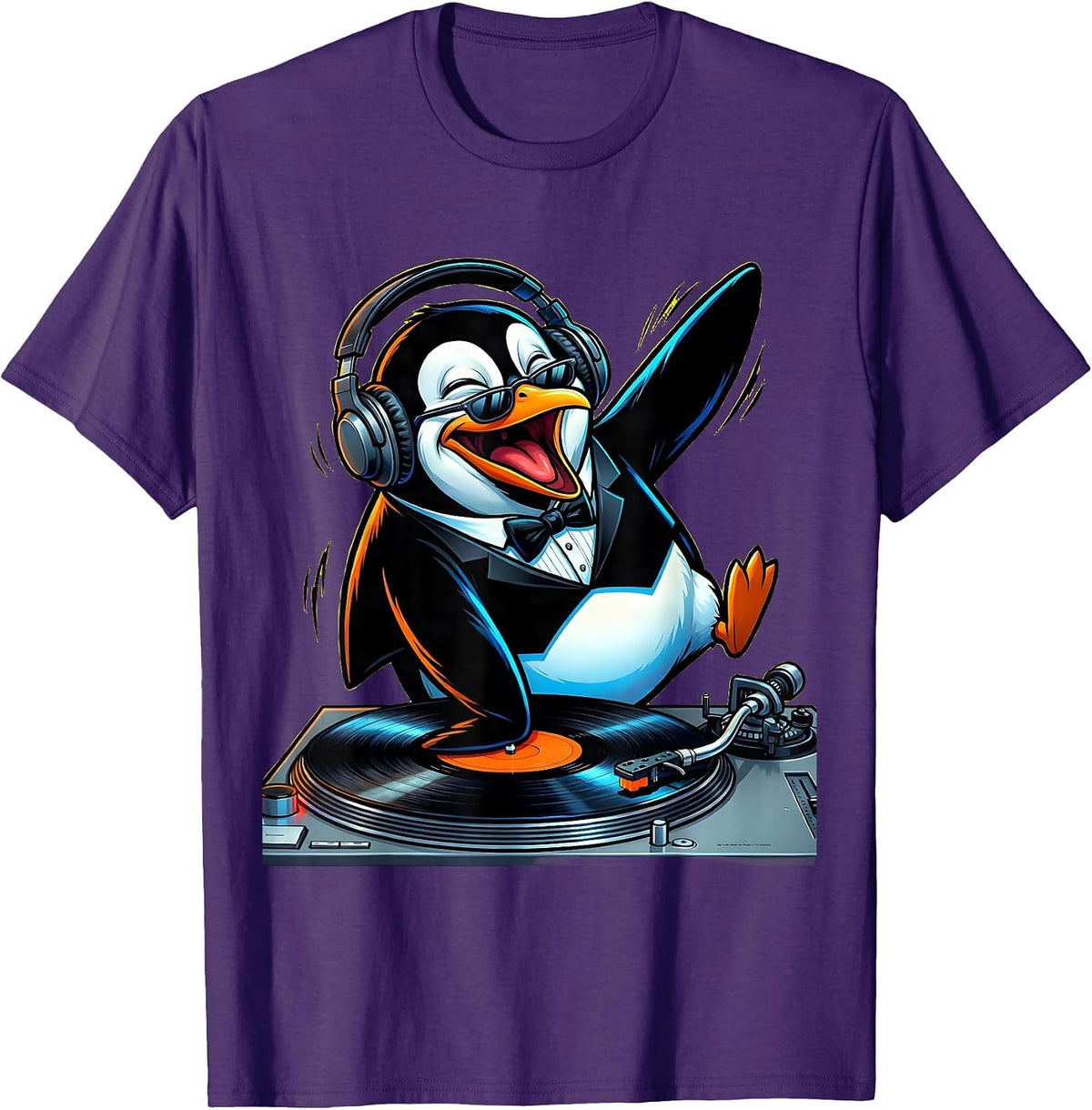 Men's Penguin DJ Spinning Records Turntable Graphic T-Shirt - Purple