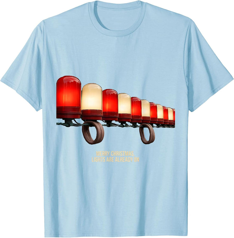 Men's Merry Christmas Lights Are Already On Funny Firefighter Fire T-Shirt - Baby Blue