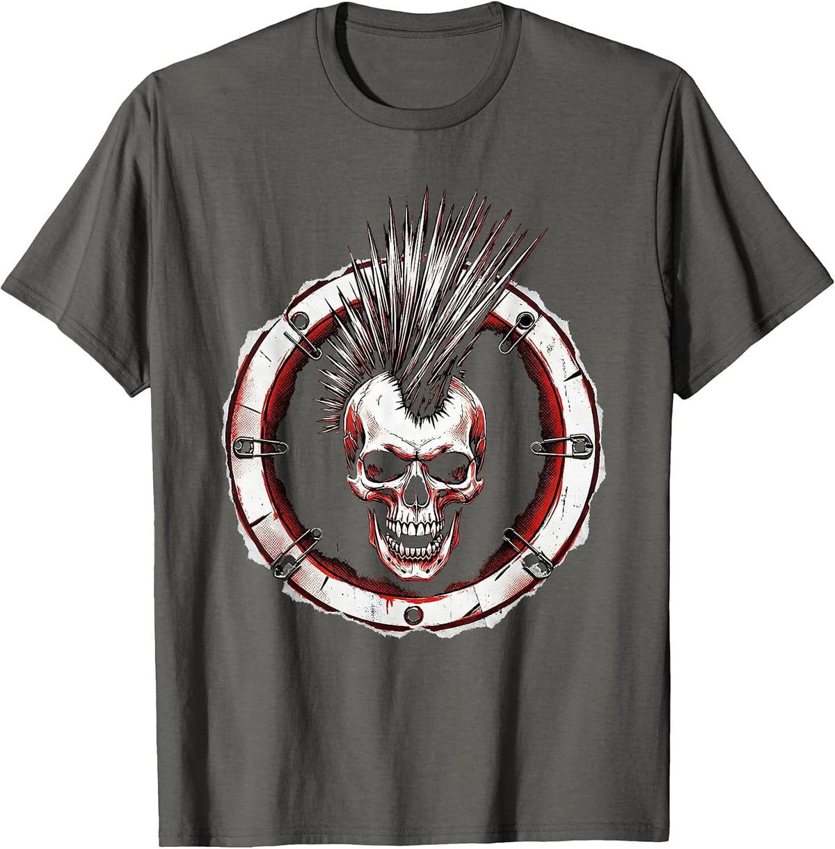 Men's Punk Rock Snarling Skull Mohawk Graphic T-Shirt - Asphalt Grey