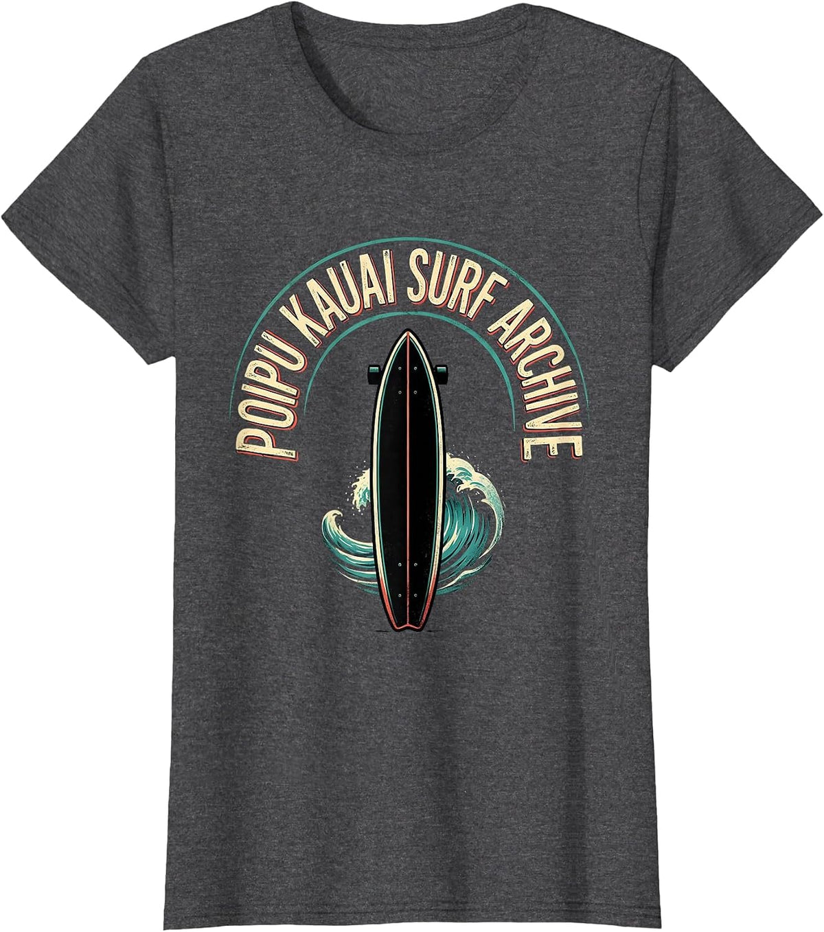 Women's Poipu Kauai Surf Archive Vintage Hawaii Retro Surfboard T-Shirt - Dark Heather Grey